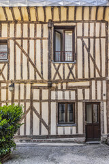 Architectural fragments of beautiful ancient half-timbered house (mainly of XVI century) in Troyes. Troyes is a commune and the capital of Aube department (Champagne region) in north-central France.