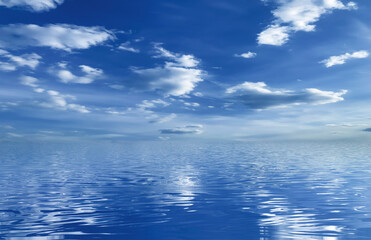 Daytime blue sky, horizon, sunlight reflected in water, clouds, waves. Empty sea landscape, natural scene.