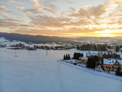 Camporovere, Altopiano di Asiago during winter season. Aerial drone view