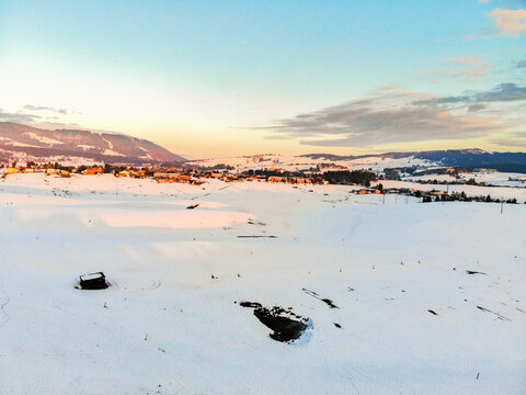 Camporovere, Altopiano di Asiago during winter season. Aerial drone view