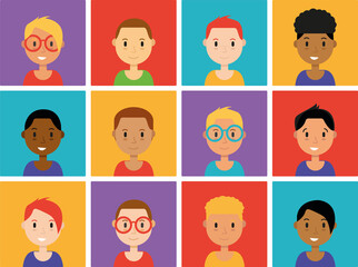 Hand drawn flat style illustrations design concept. Man, male, kids characters portrait avatar cartoon vector set colorful squares people icons.