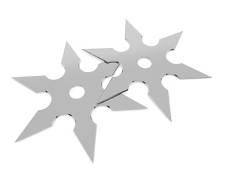 Metallic shurikens on a white background. 3d render illustration.