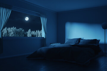 Schlafzimmer erhellt vom Mondlicht in einer dunklen Winternacht. 3D Rendering