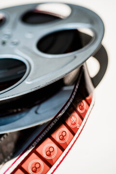 Close-up of film reel on white background