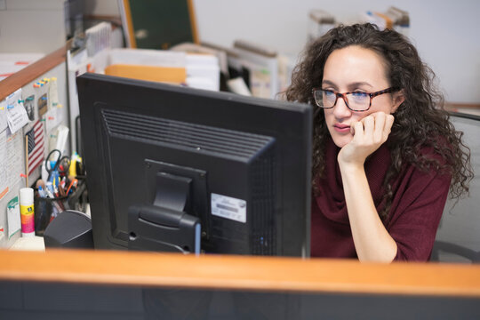 Young woman looking at computer monitor