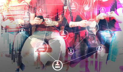 Young people from the millennial generation. Using smartphones on the network. Double exposure of virtual people in the network and a group of young people with telephones in their hands.