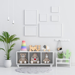 Blank frame mockup in child room, 3D rendering