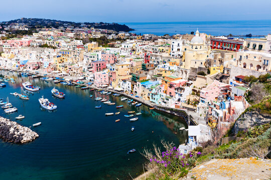 Townscape over Marina Corricella on Procida Island
