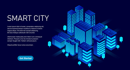 Smart city in a futuristic style. Isometric smart city illustration. Intelligent buildings. Business center with skyscrapers and intelligent buildings