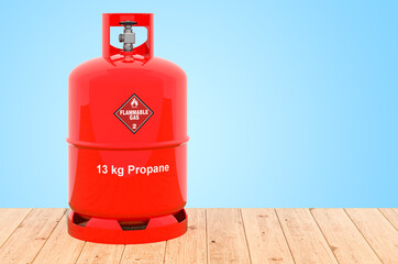 Propane cylinder with compressed gas on the wooden planks, 3D rendering