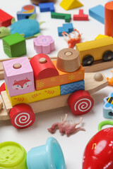 Colorful wooden train made of blocks. Eco friendly, sustainable toys.	