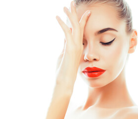 Fototapeta premium young pretty brunette real woman close up isolated on white background. Fancy fashion makeup, natural look spa