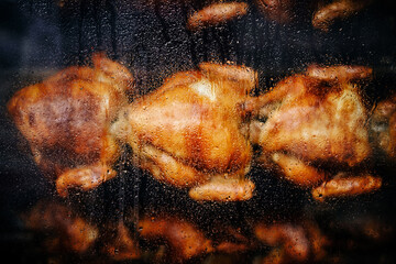 Close-up shot of a steamy rotisserie machine window with water drops. Grilled roasted whole...