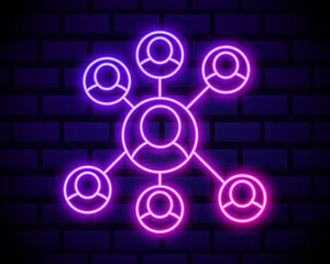 Neon light. Group line icon. Users or Teamwork sign. Person silhouette symbol. Glowing graphic design. Brick wall. Vector
