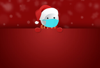 Snowman wearing medical mask holding banners, billboards, Christmas during Covid-19 isolate on red  background graphic resources  for web, promote , sales New  Year, vector