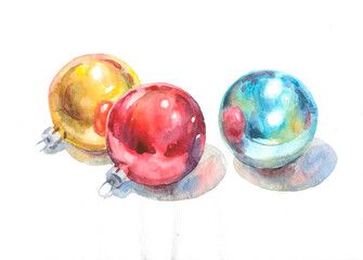  Christmas shiny balls painted in watercolor on a white background.