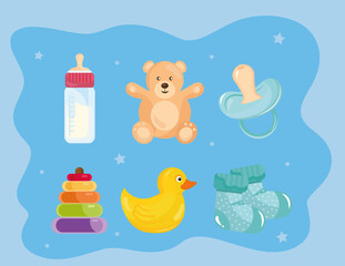 bundle of six baby shower set icons vector illustration design