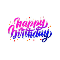 Happy Birthday custom hand lettering brush with glitter, neon pink blue color 