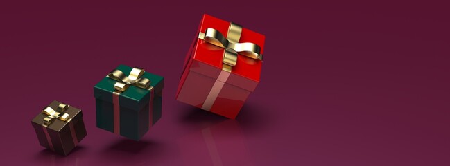 Colorful closed gift boxes with gold ribbon on purple background. 3D illustration. 3D CG. 3D high quality rendering.