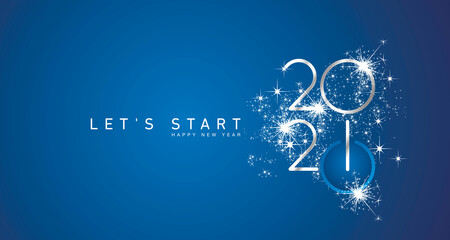 Start of Happy New Year 2021 silver white shining stars rounded typography blue background banner and turn on button icon