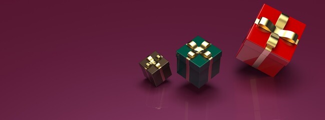 Colorful closed gift boxes with gold ribbon on purple background. 3D illustration. 3D CG. 3D high quality rendering.
