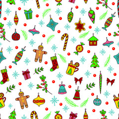Hand drawn Merry Christmas and Happy New Year seamless pattern. Doodle cartoon elements: fir tree, balls and toys decorations, gift boxes, stars, snowflakes, gingerbread colorful icons. Holiday design