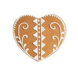 Gingerbread heart decorated with icing isolated on white