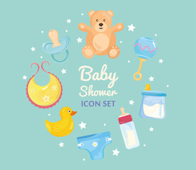 bundle of eight baby shower set icons around and lettering vector illustration design