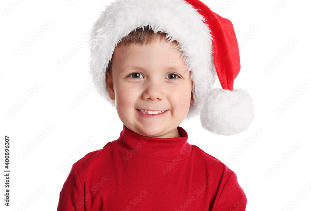 Sticker Cute child in Santa hat on white background. Christmas celebration