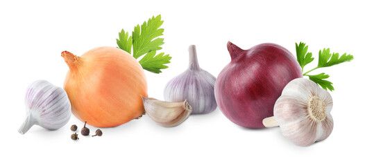 Mix of fresh garlic and onions on white background. Banner design