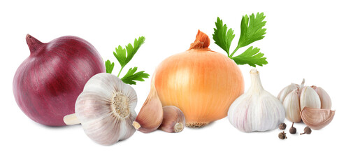 Mix of fresh garlic and onions on white background. Banner design