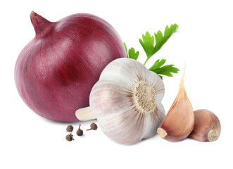 Mix of fresh garlic and onion on white background