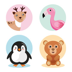bundle of four animals kawaii characters vector illustration design