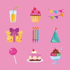 bundle of nine party birthday set icons vector illustration design