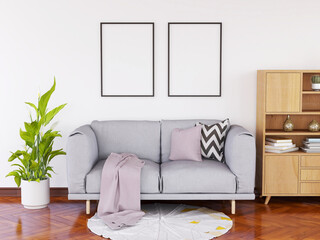 Interior Living Room Photo Frame Realistic Mockup. 3D Rendering, 3D illustration.