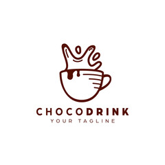 Chocolate drink logo in mug with splash outline monoline style icon symbol illustration