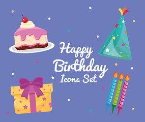bundle of four party birthday set icons and lettering vector illustration design