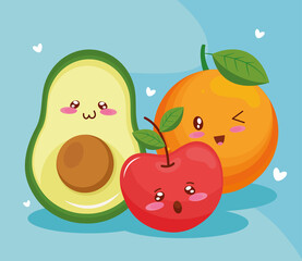avocado with tomato and orange kiut food kawaii characters vector illustration design