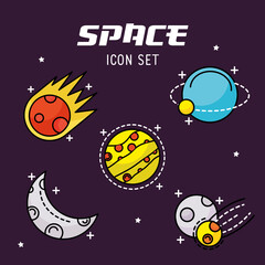 bundle of five space set line and fill style icons and lettering vector illustration design