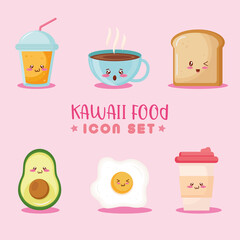bundle of six kiut food kawaii characters and lettering vector illustration design