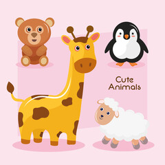 bundle of four animals kawaii characters and lettering vector illustration design