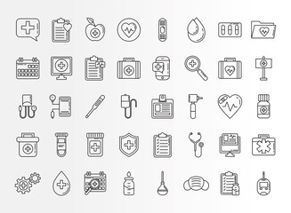 bundle of fourty doctor kit line style set icons vector illustration design