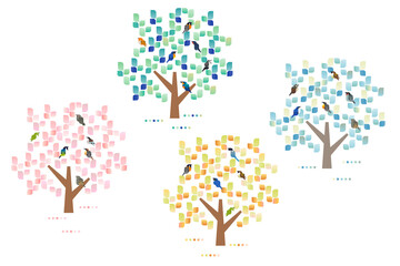 シンプルな幾何学アイコン風 森と鳥たちの四季 ベクターイラスト