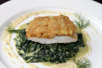 Barramundi fish fillet with potato mustard on sauteed spinach and mustard cream sauce
