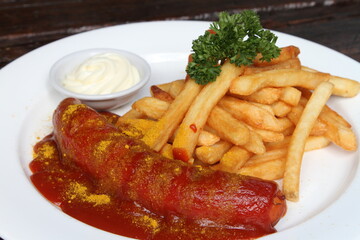 Currywurst, German fried pork sausage seasoned with curry ketchup, served with French fries and mayonnaise