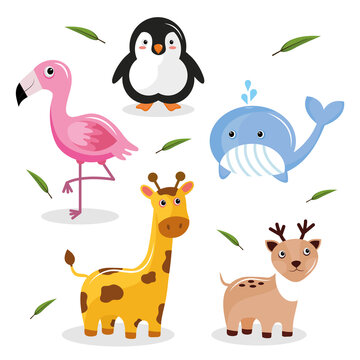 bundle of five cute animals kawaii characters and leafs vector illustration design