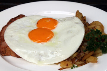 Bavarian meatloaf served with fried potatoes and fried eggs