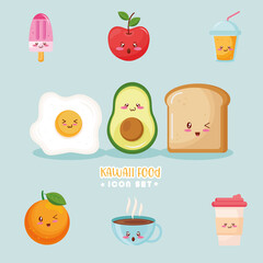 bundle of nine kiut food kawaii characters and lettering vector illustration design
