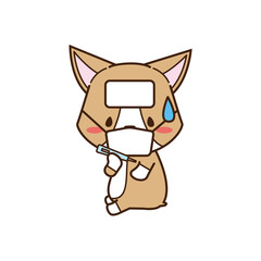 マスクをして頭に冷たいのを置き体温計で熱を測るコーギー 