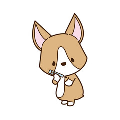 体温計で検温するコーギー 